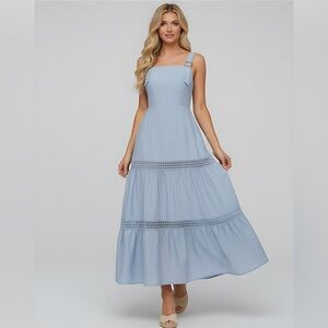 Boho Lace Patchwork Ruffle Hem Sleeveless Dress Blue